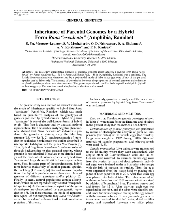 (PDF) Inheritance of parental genomes by a hybrid form Rana “esculenta ...