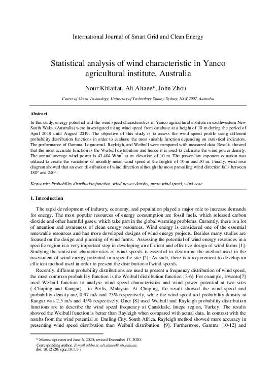(PDF) Statistical analysis of wind characteristic in Yanco agricultural