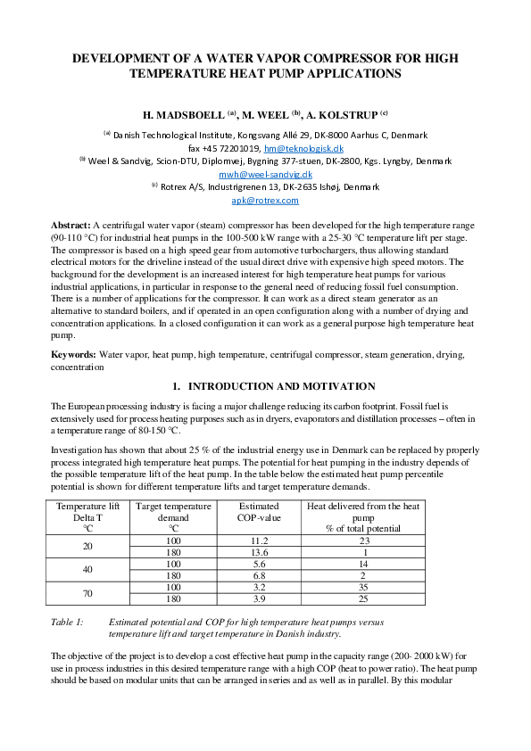 (PDF) Development of a water vapor compressor for high temperature heat ...