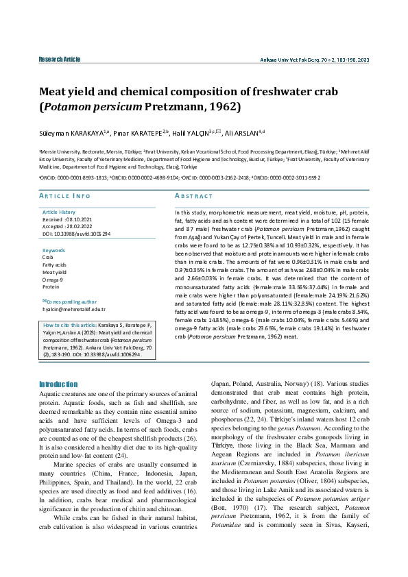 (PDF) Meat yield and chemical composition of Potamon persicum Pretzmann ...