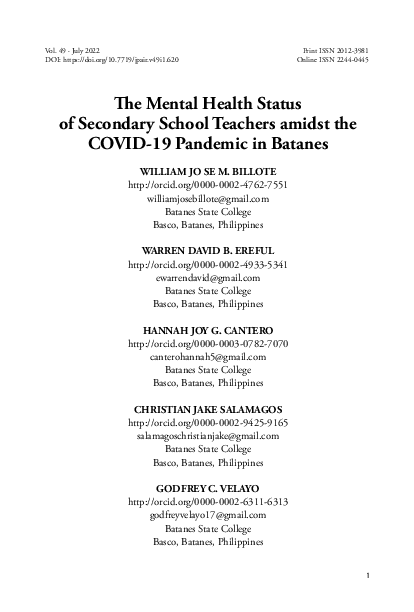 (PDF) The Mental Health Status of Secondary School Teachers amidst the ...