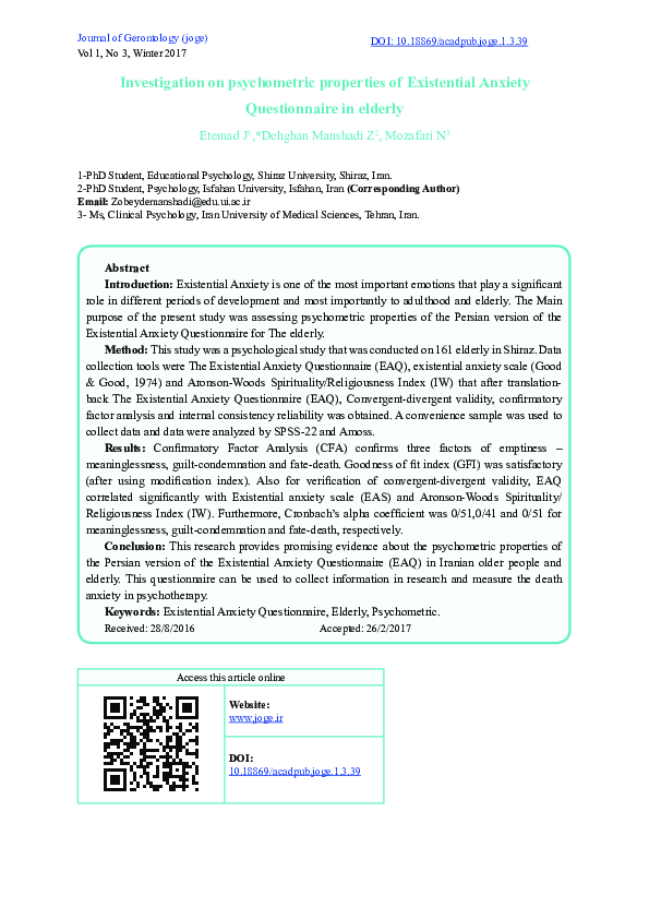 (PDF) Investigation on psychometric properties of Existential Anxiety ...