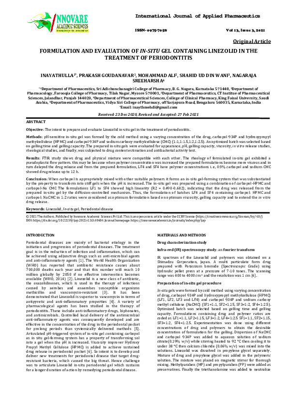 (PDF) FORMULATION AND EVALUATION OF IN-SITU GEL CONTAINING LINEZOLID IN ...