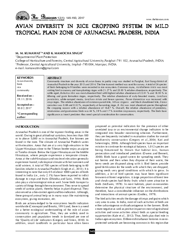 (PDF) Avian diversity in rice cropping system in mild tropical plain ...