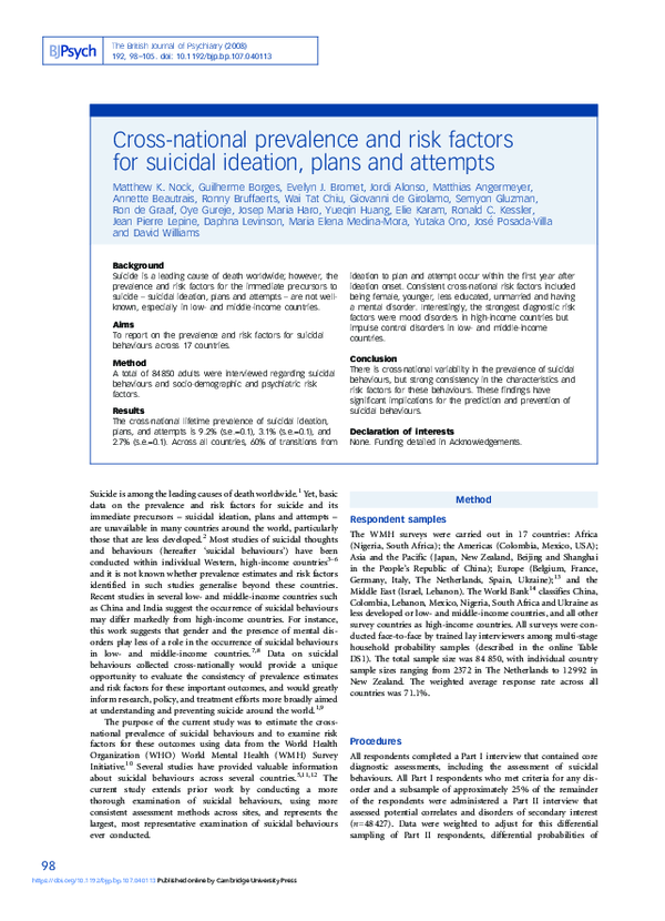 (PDF) Cross-national prevalence and risk factors for suicidal ideation ...