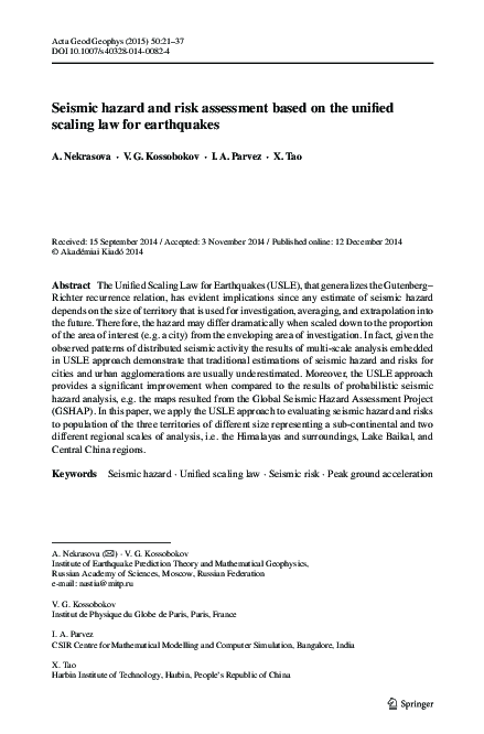 (PDF) Seismic hazard and risk assessment based on the unified scaling ...