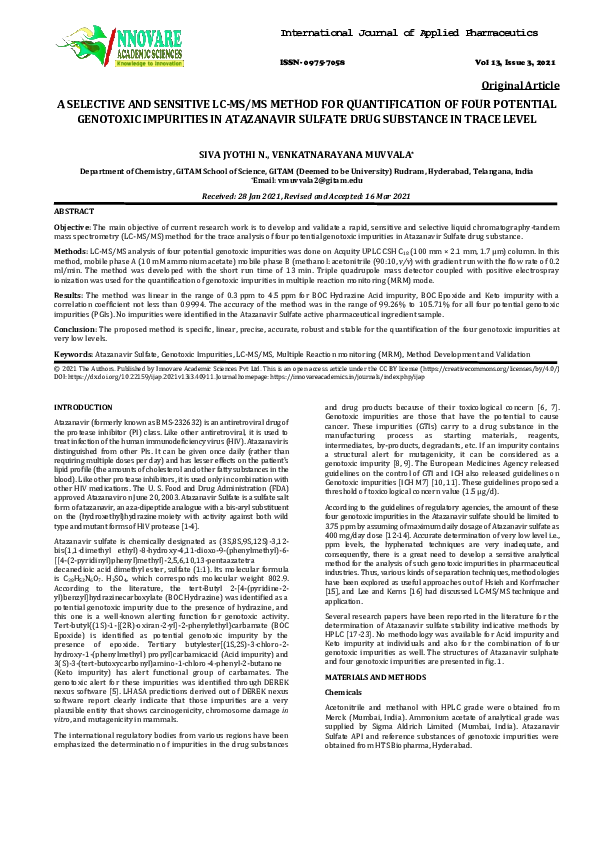 (PDF) A SELECTIVE AND SENSITIVE LC-MS/MS METHOD FOR QUANTIFICATION OF ...