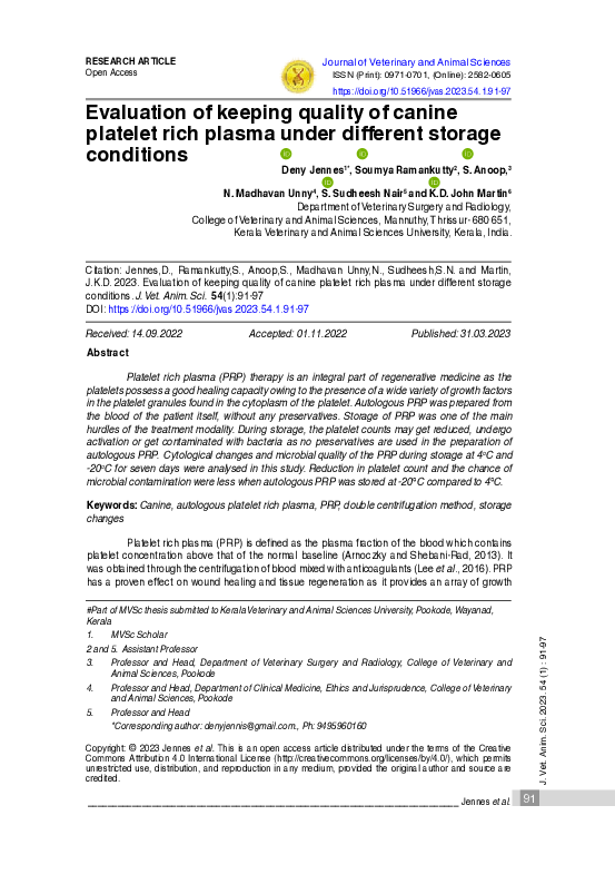 (PDF) Evaluation of keeping quality of canine platelet rich plasma ...