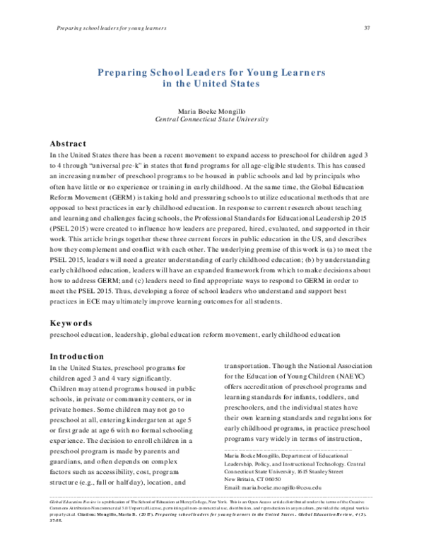 (PDF) Preparing School Leaders for Young Learners in the United States