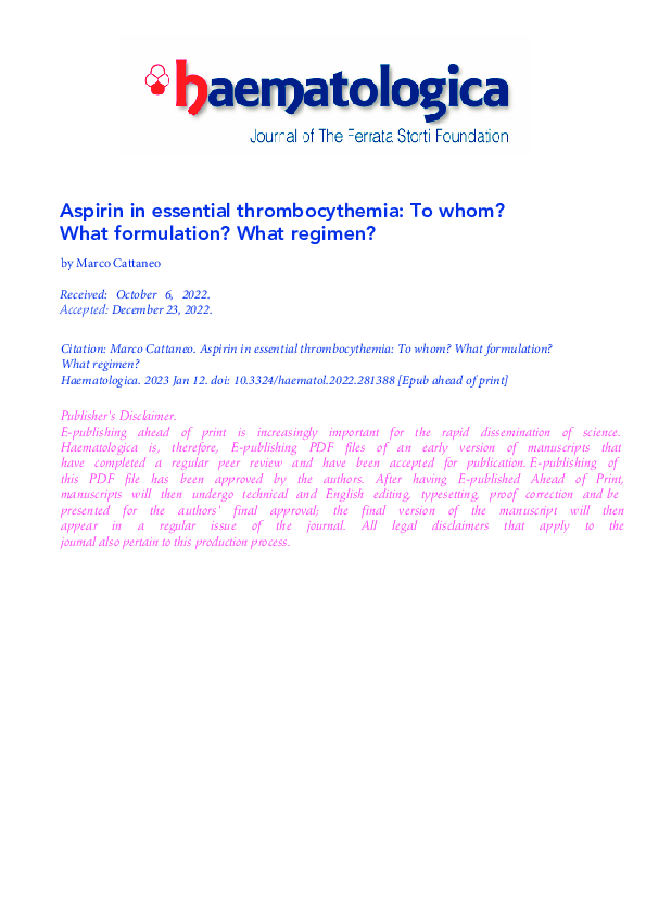 (PDF) Aspirin in essential thrombocythemia To whom? What formulation