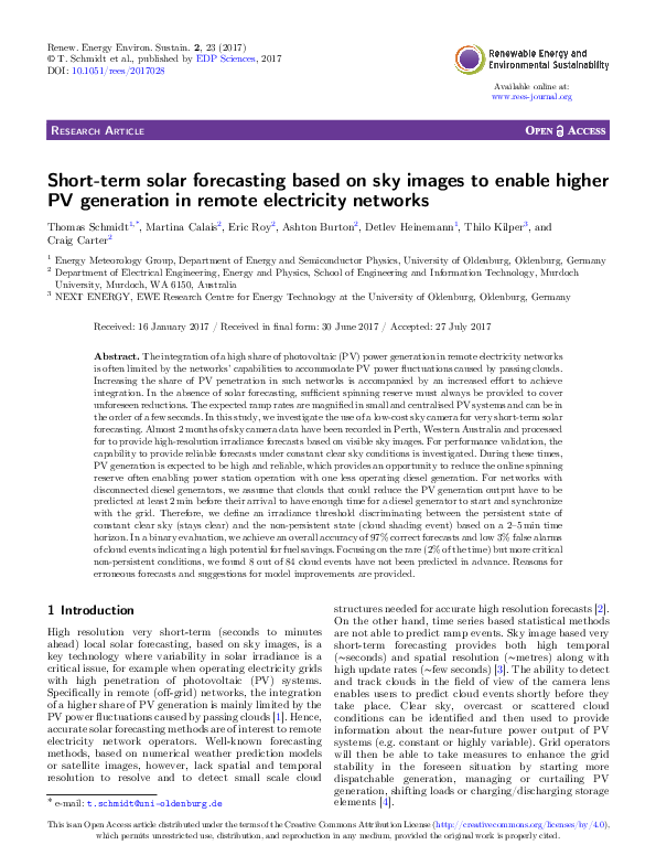 (PDF) Short-term solar forecasting based on sky images to enable higher ...