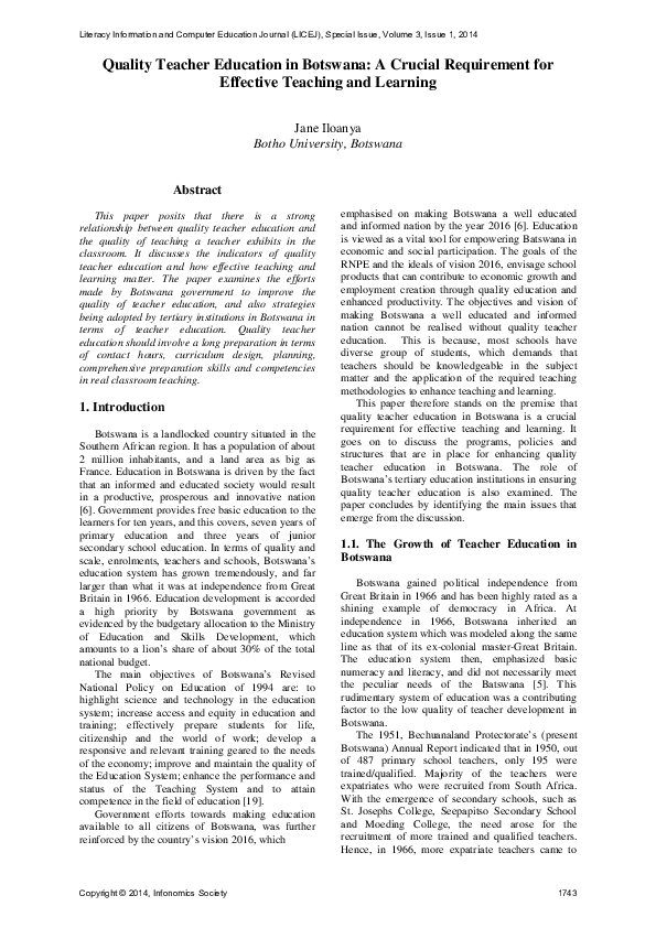 (PDF) Quality Teacher Education in Botswana: A Crucial Requirement for ...