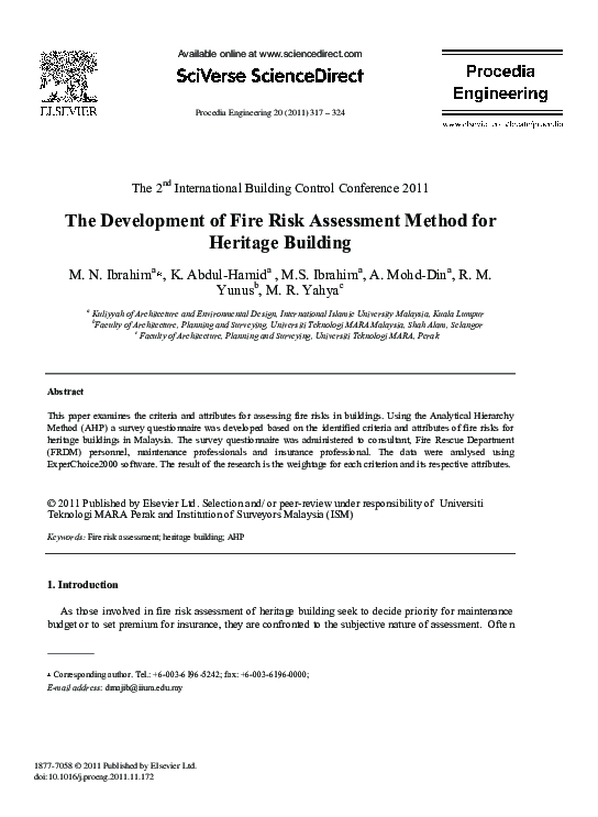 (PDF) The Development of Fire Risk Assessment Method for Heritage Building