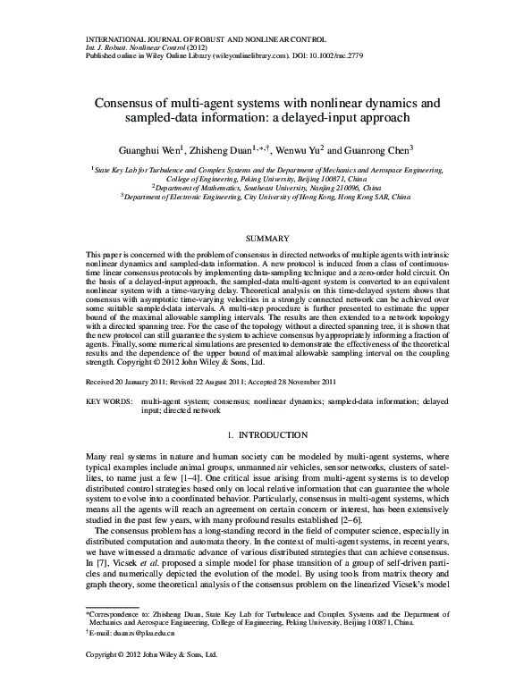 (PDF) Consensus of multi-agent systems with nonlinear dynamics and ...