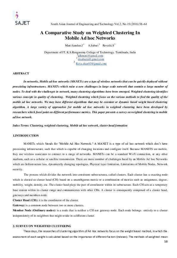 (PDF) A Comparative Study on Weighted Clustering In Mobile Ad hoc Networks