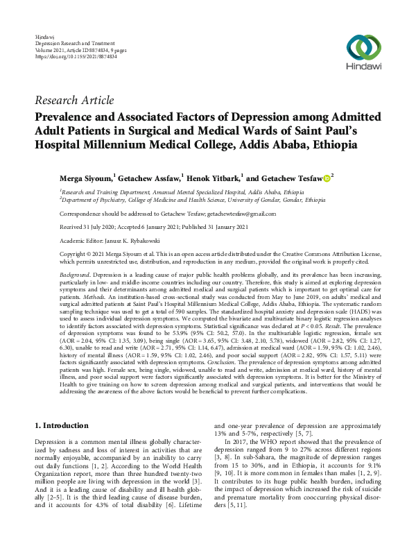 (PDF) Prevalence and Associated Factors of Depression among Admitted ...