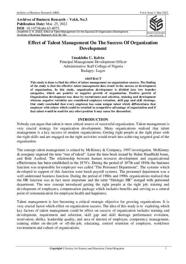(PDF) Effect of Talent Management On The Success Of Organization ...