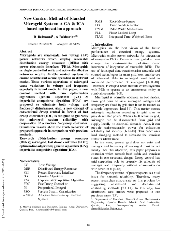 (PDF) New Control Method of Islanded Microgrid System: A GA & ICA based ...