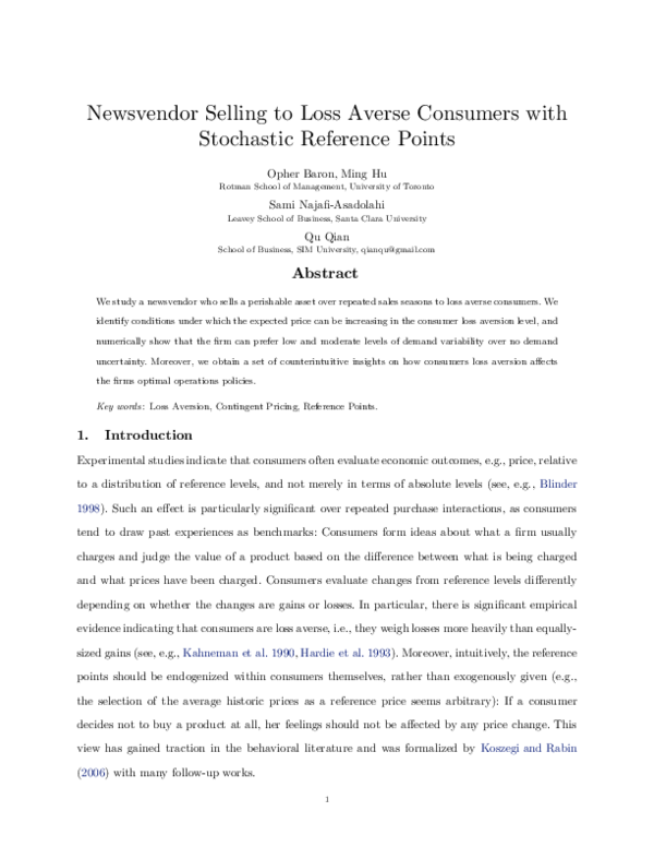 (PDF) Newsvendor Selling to Loss Averse Consumers with Stochastic ...