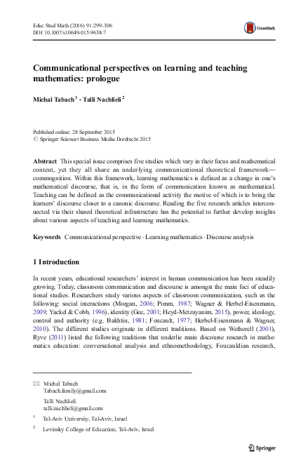 (PDF) Communicational perspectives on learning and teaching mathematics ...