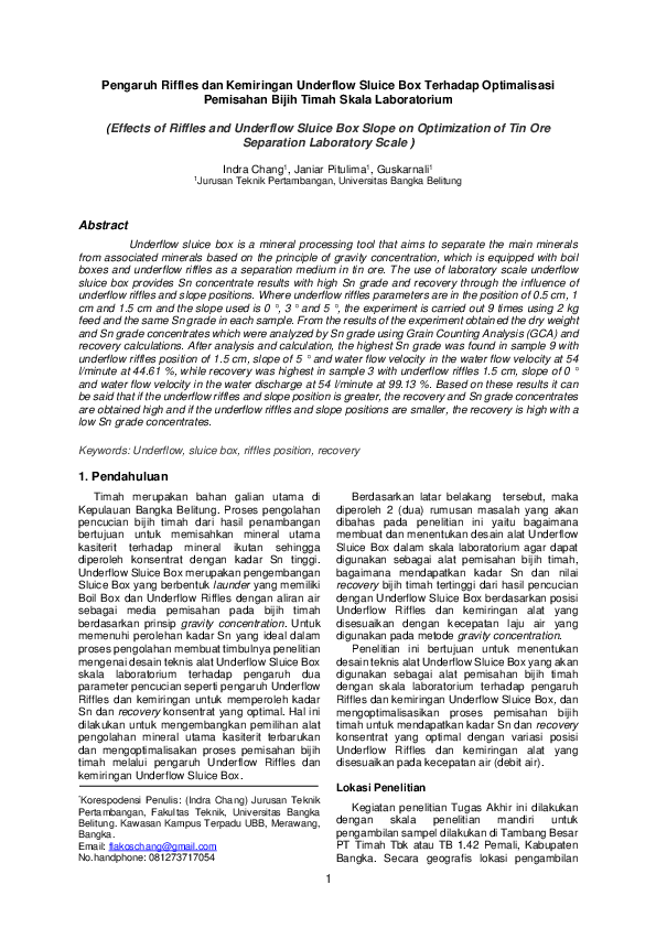 (PDF) Pengaruh Riffles dan Kemiringan Underflow Sluice Box Terhadap ...