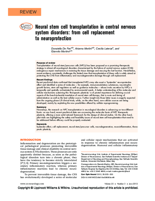 (PDF) Neural stem cell transplantation in central nervous system disorders