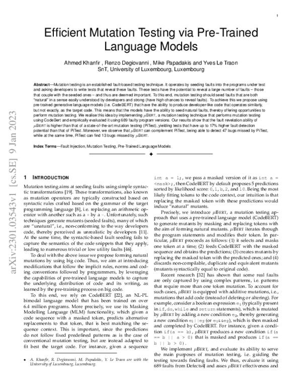 (PDF) Efficient Mutation Testing via Pre-Trained Language Models