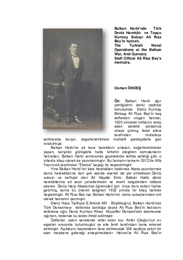 (PDF) Balkan Harbi'nde Türk Deniz Harekâtı ve Topçu Kurmay Subayı Ali ...