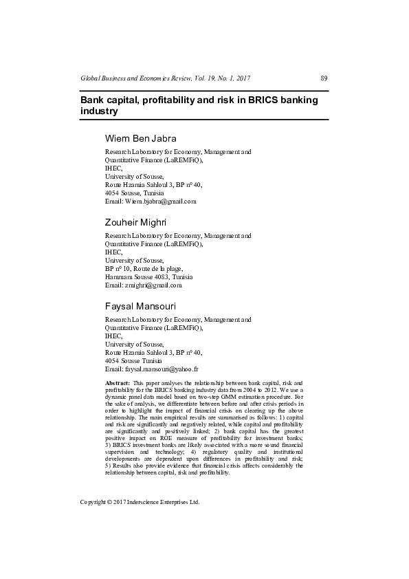 (PDF) Bank capital, profitability and risk in BRICS banking industry