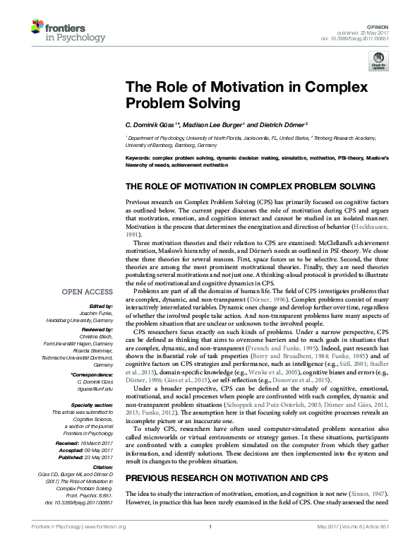 (PDF) The Role of Motivation in Complex Problem Solving
