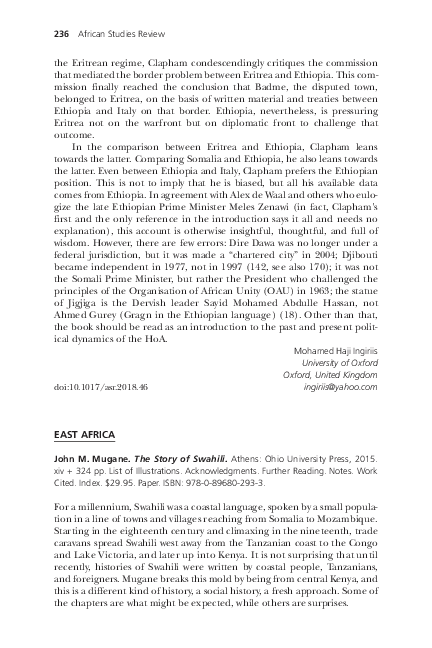 (PDF) John M. Mugane. The Story of Swahili. Athens: Ohio University ...