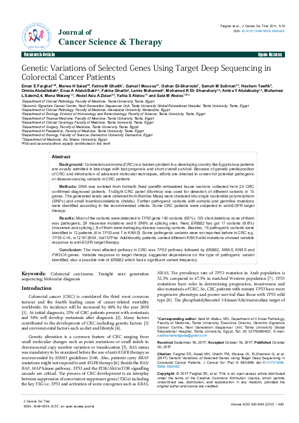 (PDF) Genetic Variations of Selected Genes Using Target Deep Sequencing ...