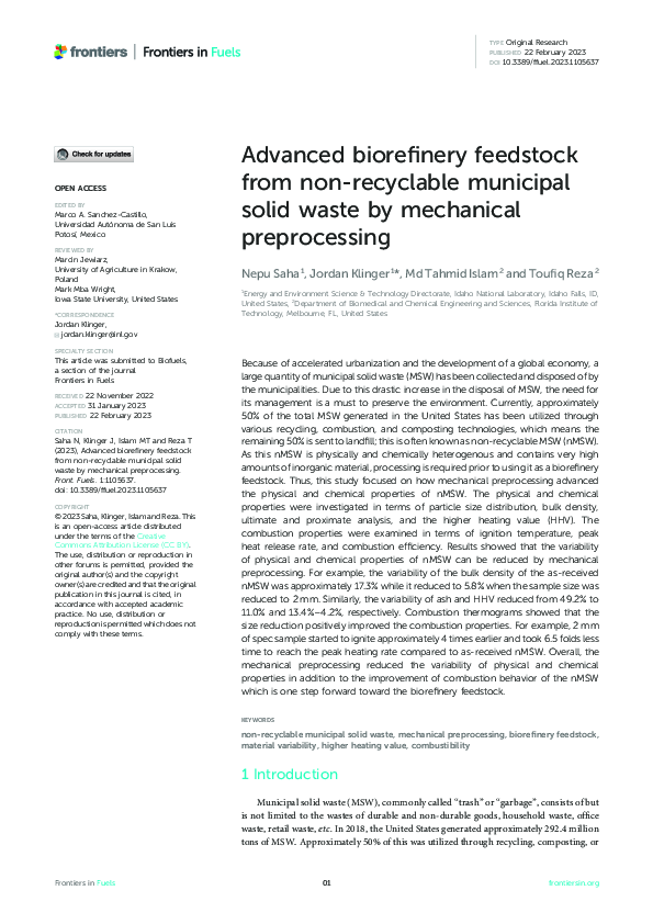 (PDF) Advanced biorefinery feedstock from non-recyclable municipal ...