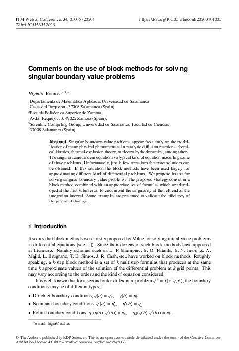 (PDF) Comments on the use of block methods for solving singular ...