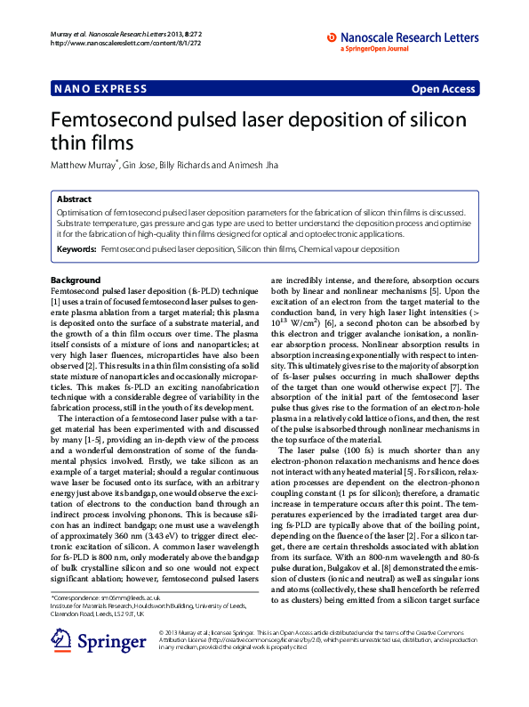 (PDF) Femtosecond pulsed laser deposition of silicon thin films