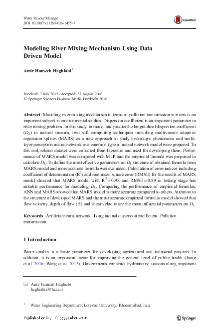 (PDF) Modeling River Mixing Mechanism Using Data Driven Model