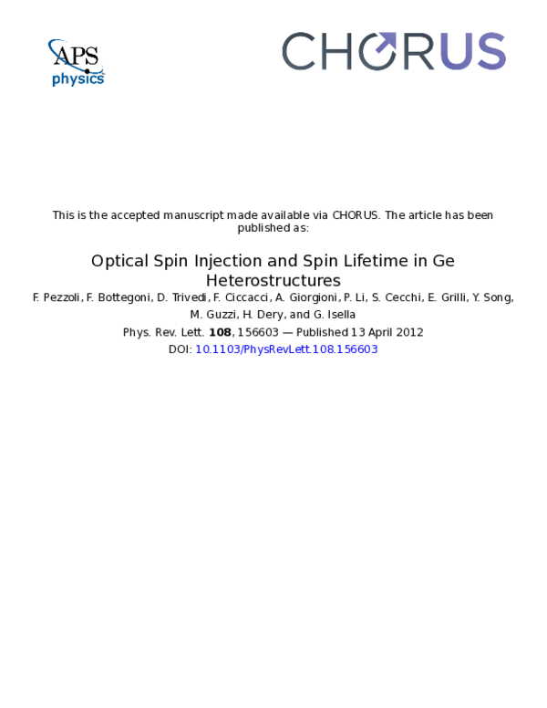 (PDF) Optical Spin Injection and Spin Lifetime in Ge Heterostructures
