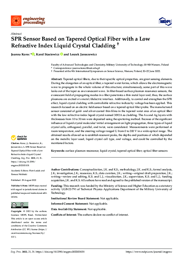 (PDF) SPR Sensor Based on Tapered Optical Fiber with a Low Refractive ...