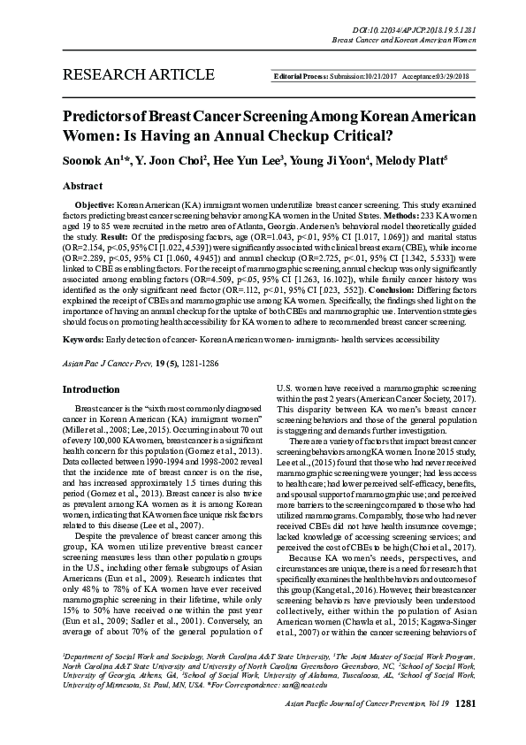 (PDF) Predictors of Breast Cancer Screening Among Korean American Women ...