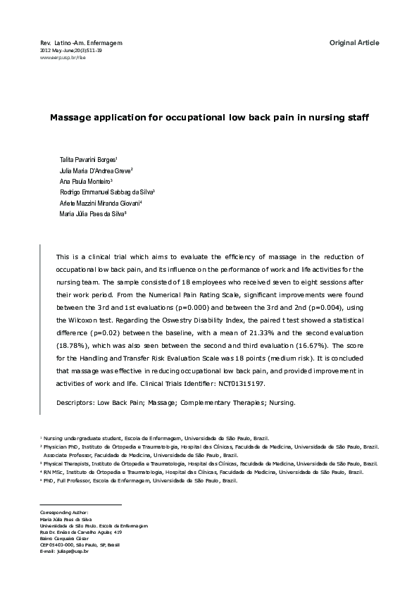 (PDF) Massage application for occupational low back pain in nursing
