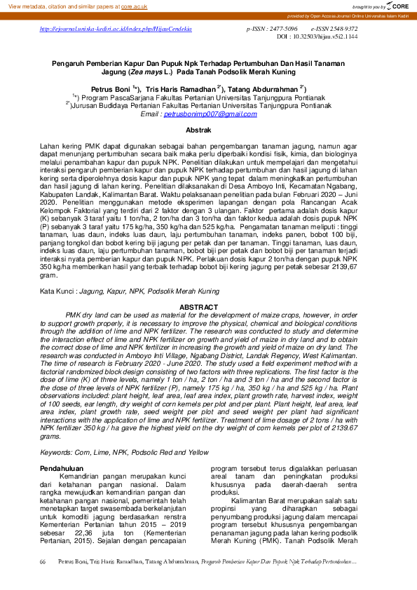 (PDF) PENGARUH PEMBERIAN KAPUR DAN PUPUK NPK TERHADAP PERTUMBUHAN DAN