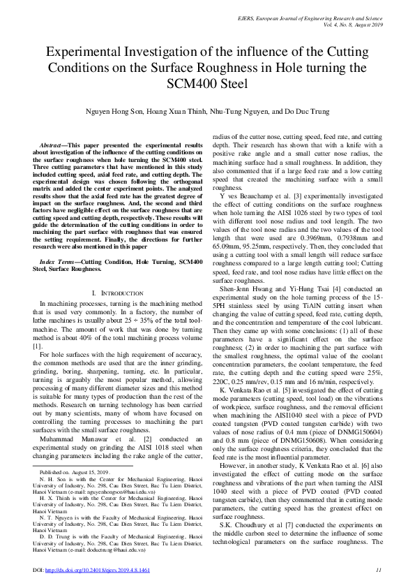 (PDF) Experimental Investigation of the influence of the Cutting ...