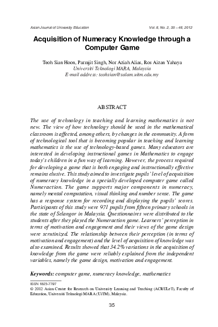 (PDF) Acquisition of Numeracy Knowledge through a Computer Game