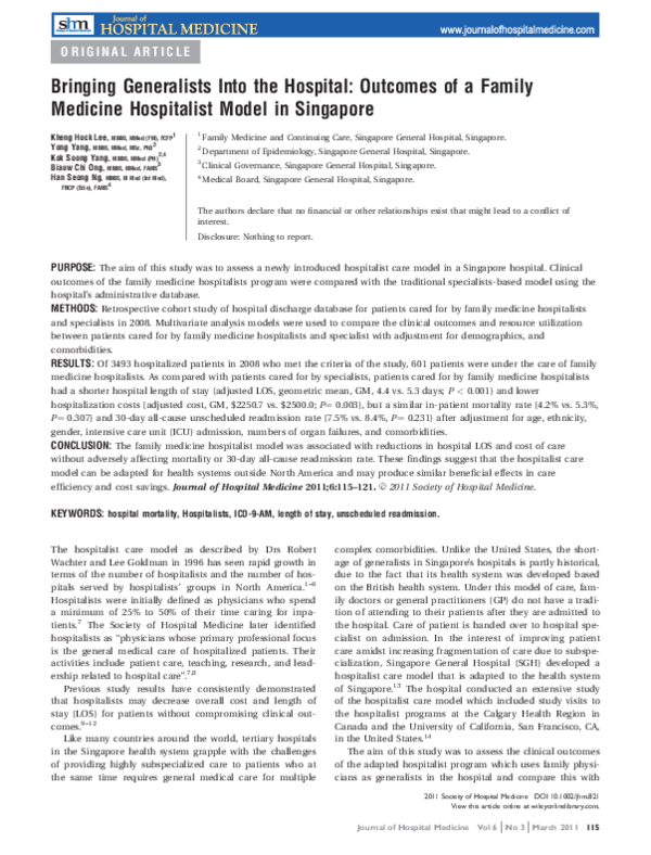 (PDF) Bringing generalists into the hospital: Outcomes of a family ...