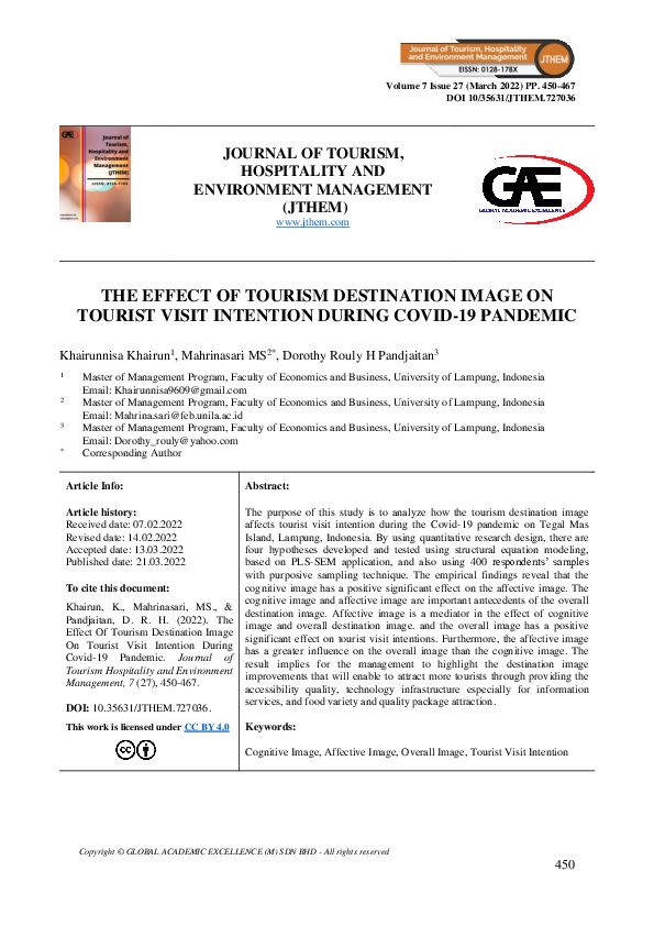 (PDF) The Effect of Tourism Destination Image on Tourist Visit ...