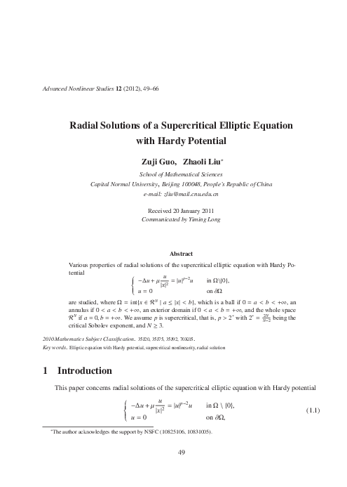 (PDF) Radial Solutions of a Supercritical Elliptic Equation with Hardy ...
