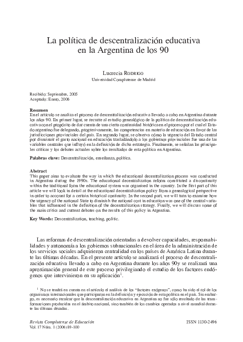(PDF) La política de descentralización educativa en la Argentina de los 90