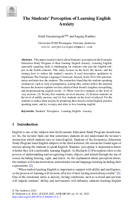 (PDF) The Students’ Perception of Learning English Anxiety