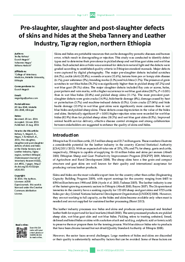 (PDF) Pre-slaughter, slaughter and post-slaughter defects of skins and ...