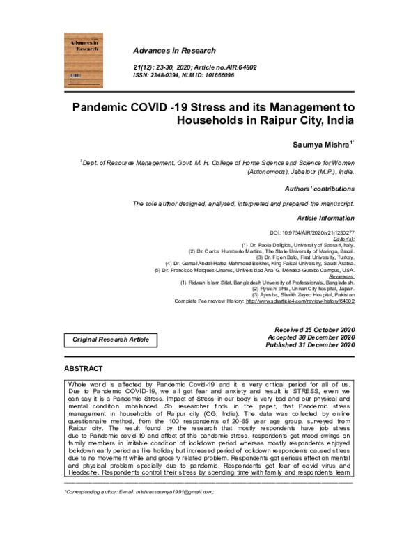 (PDF) Pandemic COVID -19 Stress and its Management to Households in ...